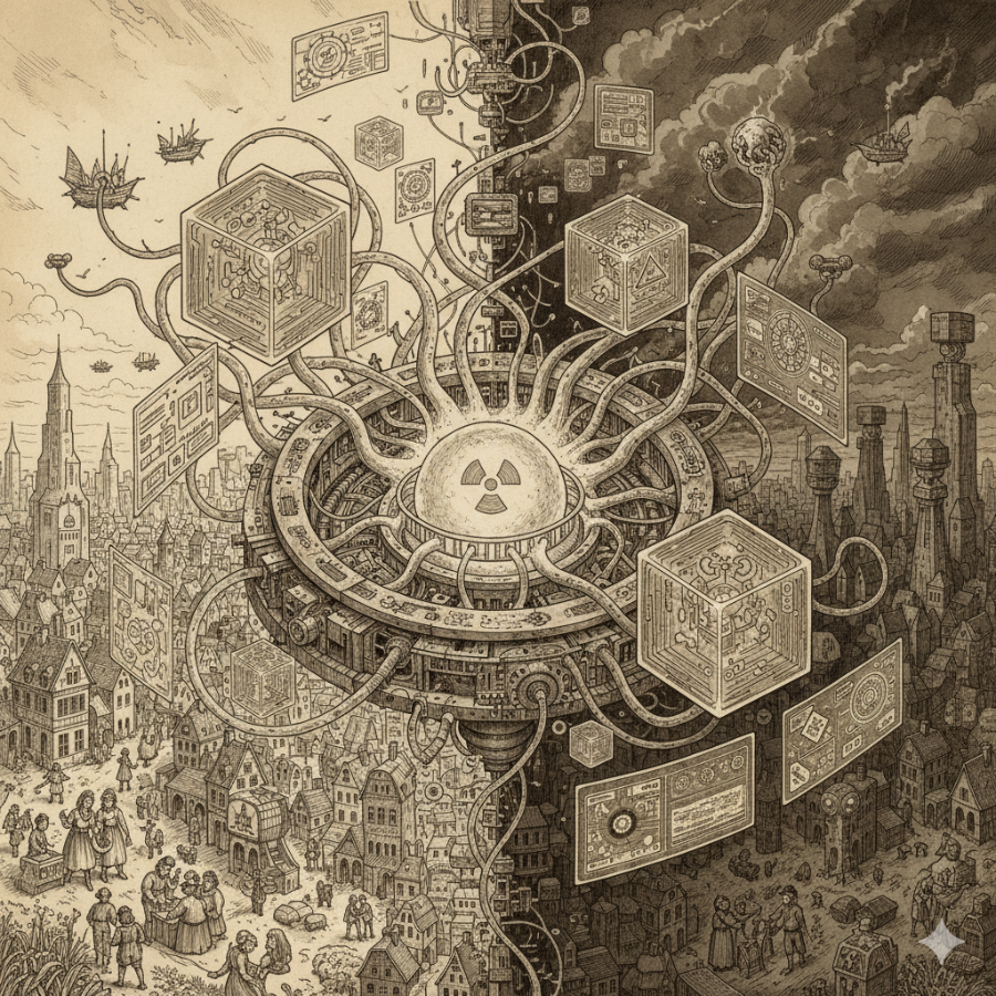 Conceptual artwork visualizing the convergence of AI, quantum computing, and fusion energy